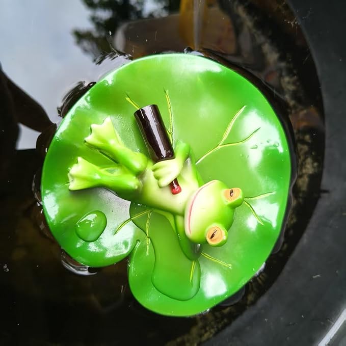 Cute Frog Lotus Leaf Resin Statue Paired with Beer Bottle - Bright Green Outdoor Garden Decoration. Frog Garden Decoration.