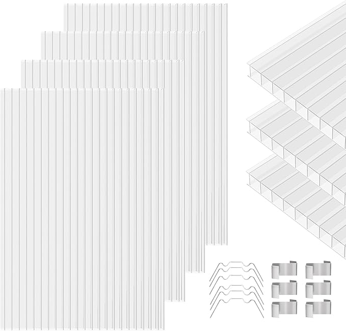Polycarbonate Greenhouse Panels 24 Pack 4' x 2' x 0.16" Twin-Wall UV-Protected All Weather Plastic Roof Panel Clear Replacement Sheets for Garden Fences, Furniture DIY,Outdoor Roofing