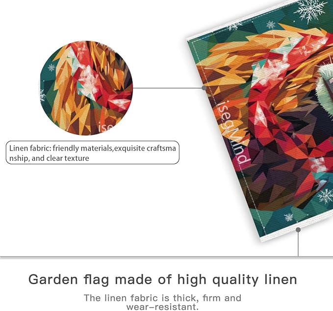 Highland Cow with Red Scarf and Hat Snowflake Christmas Garden Flag, 28x40 Inch Double Sided Linen Holiday Red Winter Farmhouse Yard Outdoor Decoration (4323)