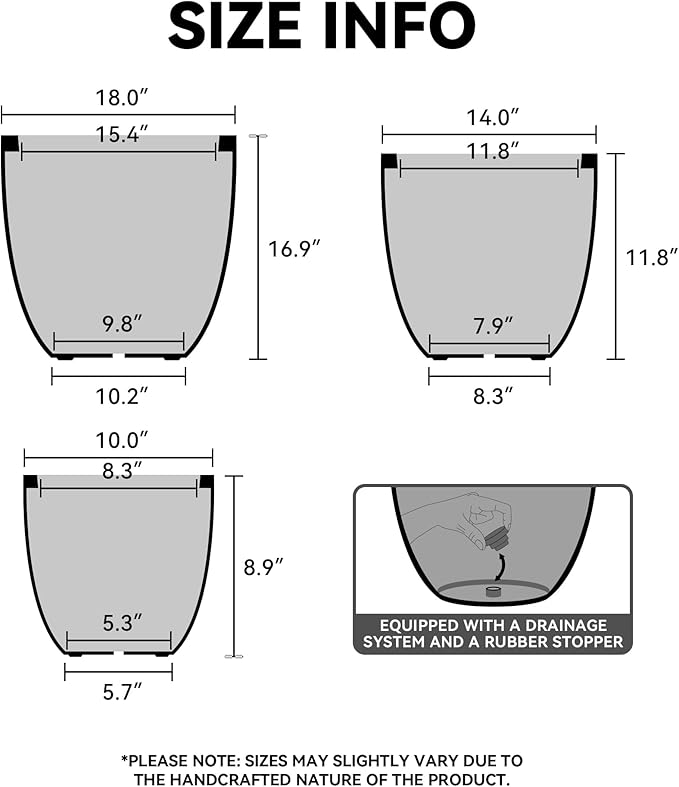 Kante Round Concrete Planter Set of 3, Large Outdoor Indoor Plant Pots with Drainage Hole, 10/14/18-Inch Diameter Flower Pots for Patio, Garden and Home, Light Gray