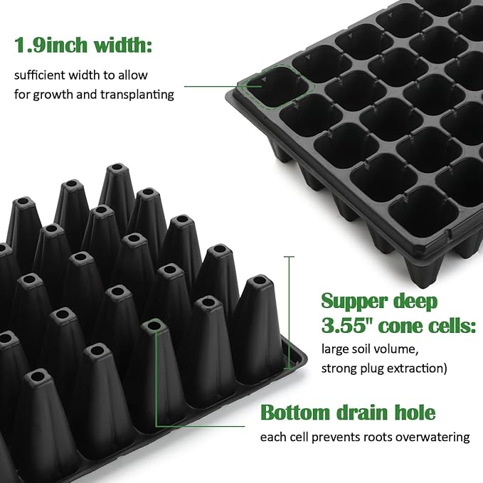 50-Pack Extra-Deep 50 Cell Seed Starter Trays, 3.55" Cone-Shaped Plug Trays for 1020 Flats, Heavy-Duty Plastic Germination Trays for Greenhouse, Garden & Urban Farming