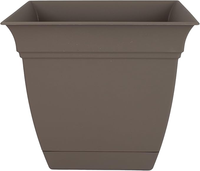 The HC Companies Eclipse Square Plastic Planter w/Attached Saucer - Outdoor & Indoor Plant Pot with Drainage Holes - Lightweight, UV-Resistant Plastic Pots for Plants (8" Cappuccino, Pack of 1)