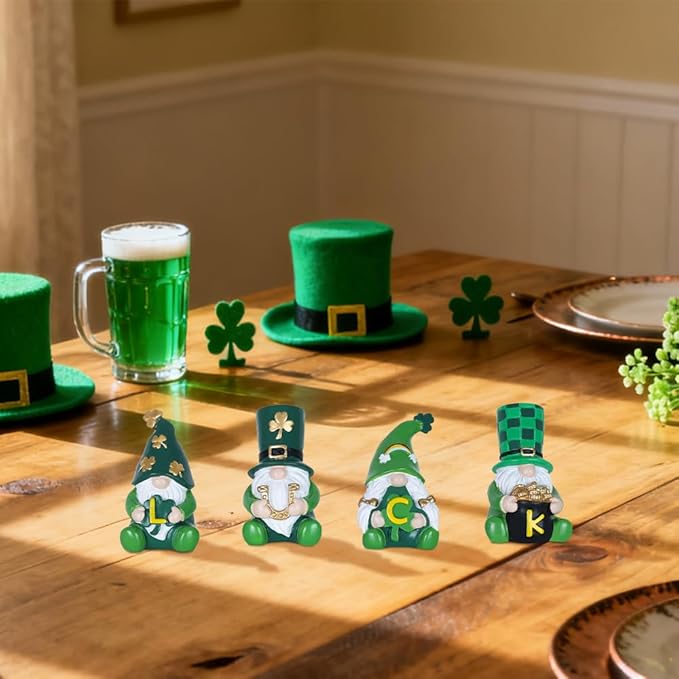 MEETYAMOR St Patricks Day Decorations, 4 PCS Gnome Resin Figurine for St Patricks Day Decor, Luck Sign Irish Green Clover Leprechaun Figurines Standing for Home Table, Mantel, Shelf