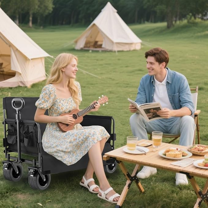 Wagon Foldable Cart Convert to Bench, Collapsible Heavy Duty Cart with Wheels, All Terrain Camping, Utility Grocery Wagon for Beach, Shopping, Garden, Sports and Fishing (LY008-BLACK)