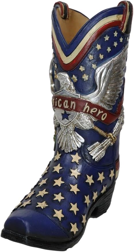 Ebros Gift Rustic Country Patriotic Blue USA Flag Western Stars American Hero USA Eagle Great Seal Crest Cowboy Boot Decorative Flower Bouquet Vase Or Planter Figurine 9" High