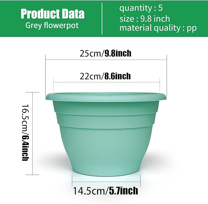 RooTrimmer Plant Pots Set of 5,10" Outside Diameter Flower Pots, 6.4" Depth Plant Planters with Drainage Hole, Durable Garden Pots Perfect for Indoor & Outdoor Plant Planting,Decor(Blue)