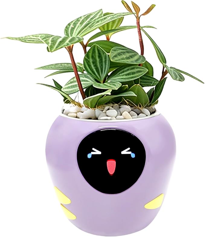 Odpaltoy Smart Plant Pot with Expression, AI Intelligent Flower Pot for Indoor Decoration, Smart Garden Pot with Water/Light/Temperature Sensors, Ivy AI Planter (Purple（Big）)