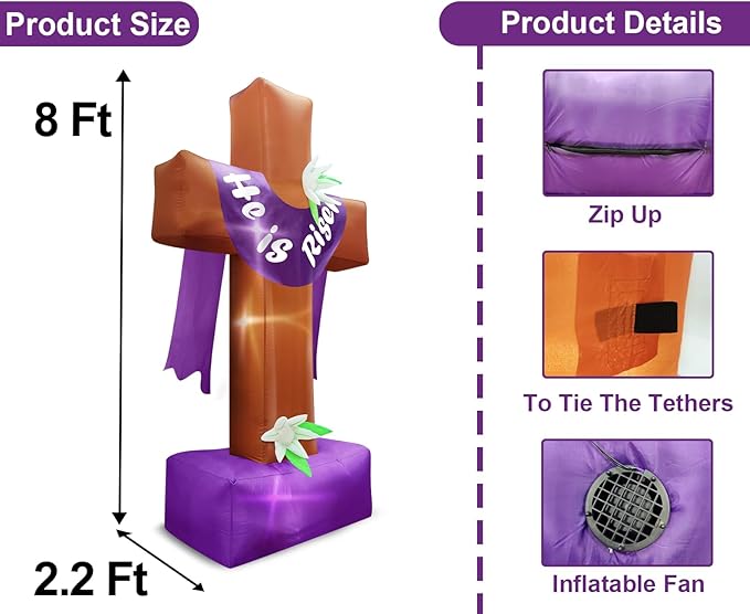 8 Ft Easter Inflatable Cross Outdoor Decoration, Blow Up He is Risen Yard Decorations with Built-in LED Lights Easter Party Decor Yard Garden Lawn Indoor Outdoor Home