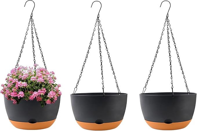 KPUVX 10 inch Plant Pot Hanging Planters Self Watering Pots for Indoor Plants, 3 Pack Plastic Hanging Basket with Removable Tray for Home Garden Porch Balcony Patio Decor(Black)