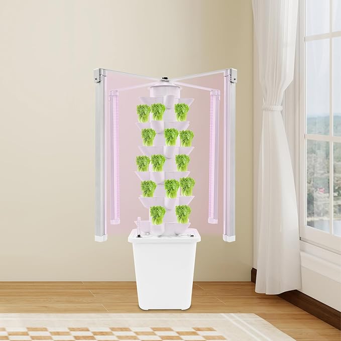 Garden Hydroponic Growing System Vertical Tower 30 Pods, 6 Tier Gardening System with 4 LED Grow Lights, Self-Watering, 2.64Gal Indoor Vertical Garden Planter for Herbs Vegetables (White)