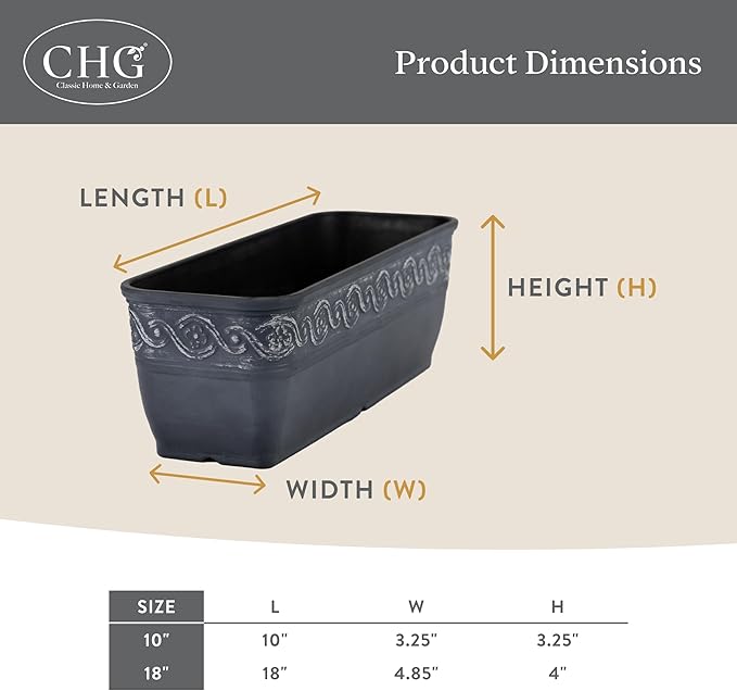 Classic Home and Garden Corinthian Resin Flower Pot Rectangle Planter, Concrete Grey, 18"