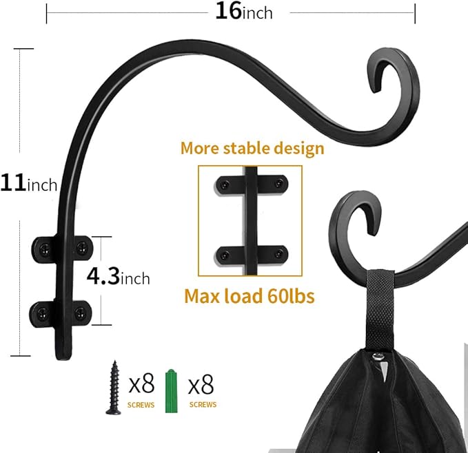 Maosen 16 Inch Plant Hangers Outdoor 2 Pack Black, Heavy Duty Plant Hanging Bracket Hook for Flowers Baskets Planter Pots Bird Feeder Lanterns Wind Chimes Outdoor Indoor