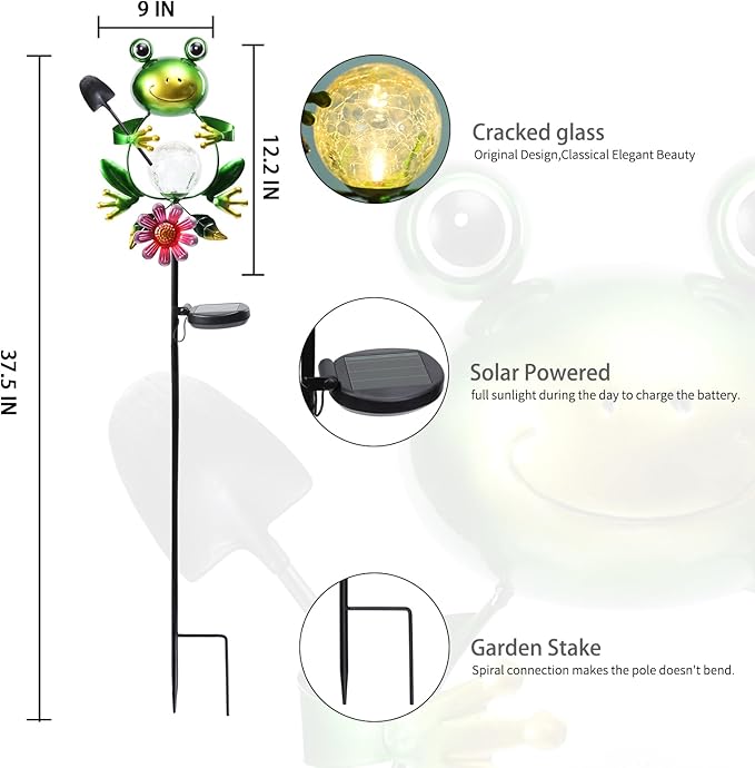 Bshine Frog Solar Light Outdoor Garden, Cracked Glass Metal Solar Garden Stakes for Pathway, Backyard Decoration, Yard Art, Lawn Ornaments, Frog Gifts for Women, Mom, Frog Lovers