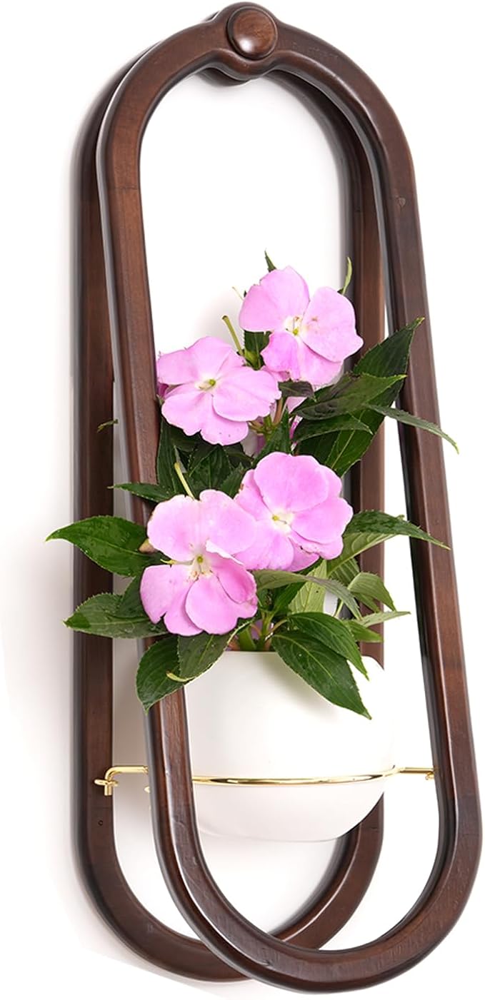 NEKL Wooden Wall Planters for Indoor - Modern Hanging Plant Stand Shelf with Ceramic Pot - Walnut Color (Set of 1)