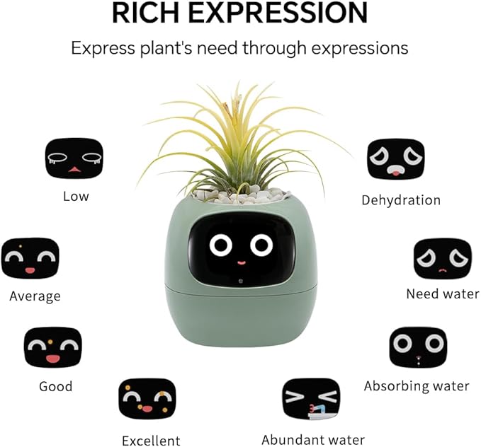 Odpaltoy Smart Plant Pot with Expression, AI Intelligent Flower Pot for Indoor Decoration, Smart Garden Pot with Water/Light/Temperature Sensors, Ivy AI Planter(Green)