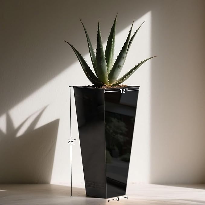 Worth 2 Pack 28" Tall Large Metal Planter, Tapered Steel Flower Pots with Insert Plate with Drain Holes & Air Vents for Indoor or Outdoor Use, Black