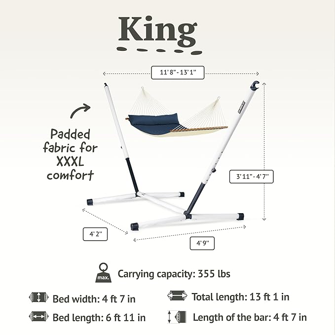LA SIESTA® Alabama Quilted Hammock with Spreader Bar & Nautico Stand - Portable Weatherproof Large Outdoor Hammock with Stand, 2 Person Hammock with Stand for Outside Patio Porch - XL King, Navy Blue