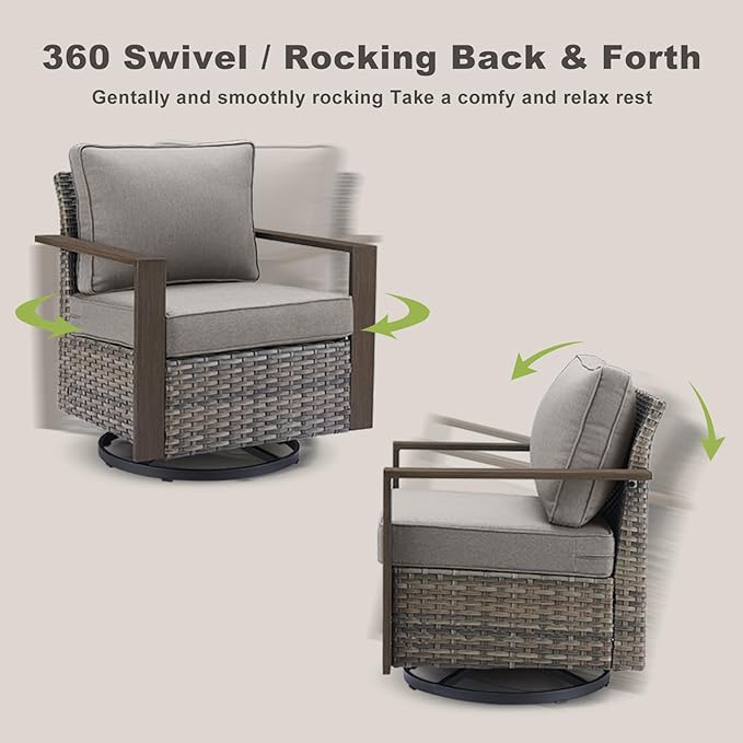 Rilyson Outdoor Wicker Patio Furniture Set - 5 Piece Patio Conversation Set with 2 Wicker Swivel Rocker Chairs,2 Ottoman, 1 Side Table, Thick Cushions, Deep Seating, Wide Armrest(Mixed Grey/Grey)