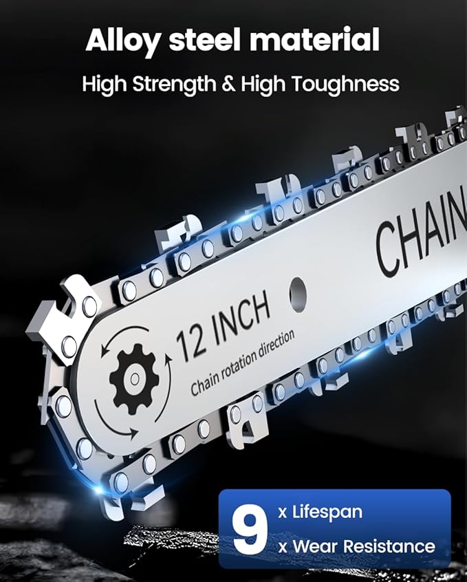 Chainsaw Cordless 12 Inch, Electric Chain Saw with 2*4000mAh Rechargeable Batteries, Powerful Handheld Saw for Tree Trimming Wood Cutting, Perfect Gardening Tools for Thick Branches and Logs