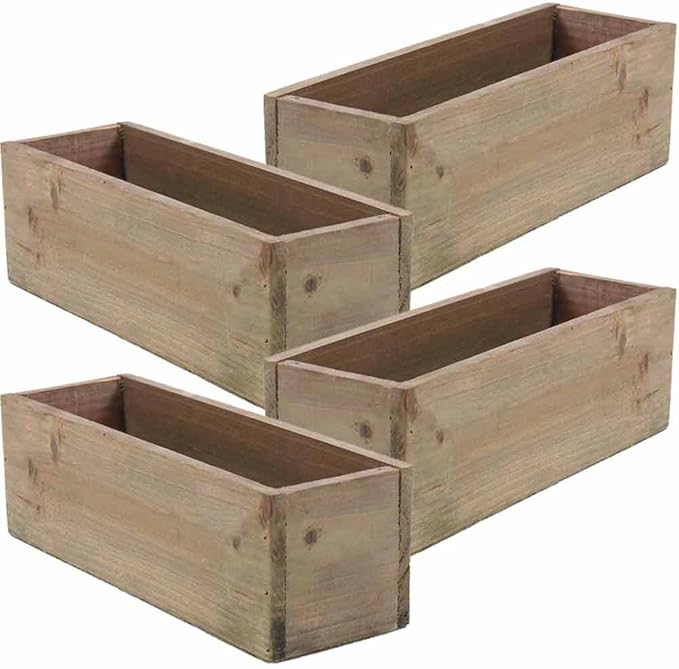 Wooden Planter Box, Rustic Barn Wood, Plastic Liner, Garden Decor, Restaurant and Wedding Decorations, Wedding Bouquets, Table Centerpiece, Rectangle, 12 x 4 Inches, (Rectangular), (Set of 4)