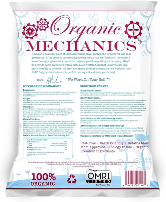 Organic Mechanics Seed Starting Potting Soil Blend, 8 qt (Pack of 2) – Provides Optimal Seed Germination with Coconut Coir, Aged Pine Bark, Rice Hulls, and Worm Castings – Peat-Free & Eco-Friendly
