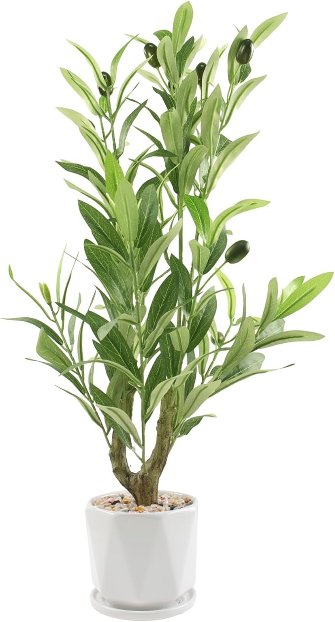 Abyjifar 22" Artificial Olive Tree with Ceramic Pot, Faux Green Potted Plants Indoor Fake Greenery Olive Branches Stems in Pot for Tabletop Desk Office Kitchen Living Room Bedroom Bathroom Home Decor