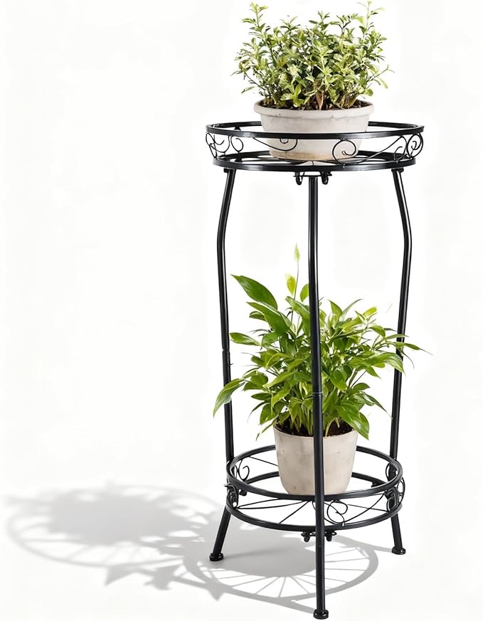 Decivems 2 Tier Tall Plant Stand Indoor Outdoor, 27in Corner Metal Wrought Iron Large Tiered Plant Shelf Holder Flower Pot Display Stands for Garden Patio (Black)