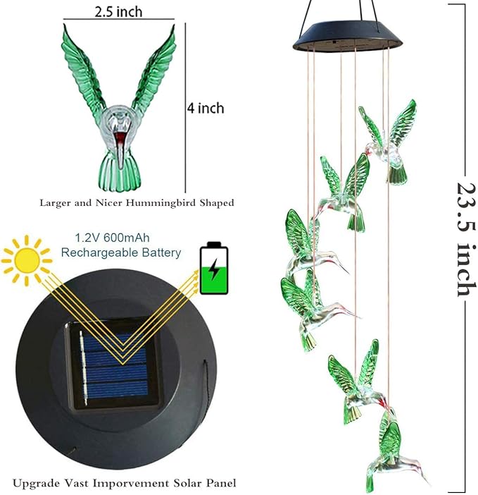 Chasgo Solar Hummingbird Wind Chime Color Changing Solar Mobile Wind Chime Outdoor Mobile Hanging Patio Light