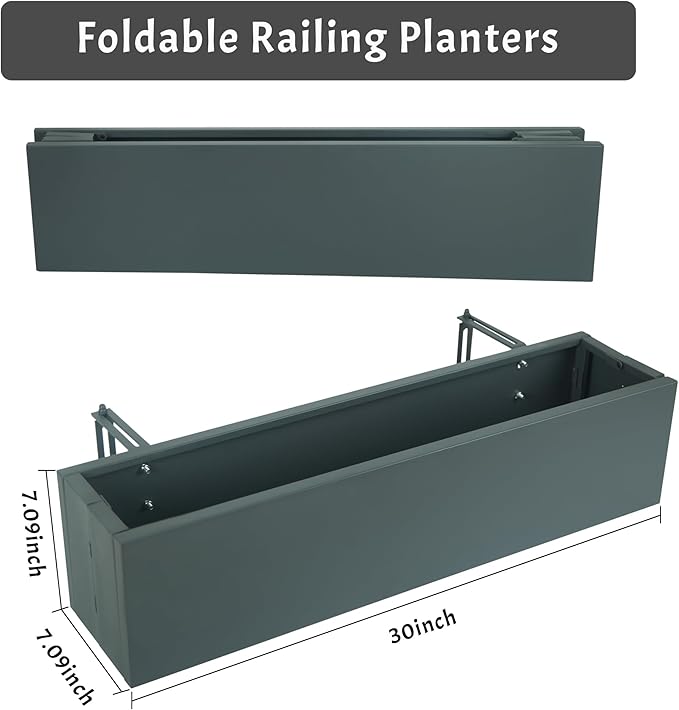 TISUWING Metal Railing Planter Box, 30 Inch Balcony Planters with Adjustable Brackets, Large Hanging Planters for Outdoor Fence Deck