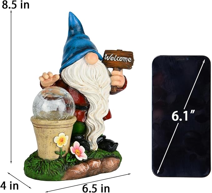 Cynkeyee Garden Gnome Outdoor Statue Decor - Solar Gnomes Figurine, Outdoor Gnome Decor, Gnomes Decorations for Yard with Solar Light, Gnome Sculptures for Patio Lawn Ornaments 6.5x4x8.5 Inch