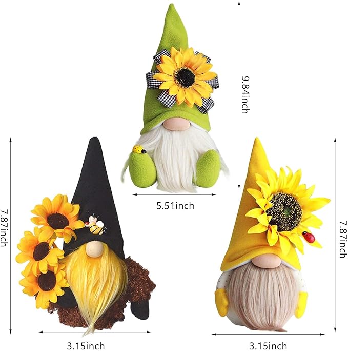 HYTYJJ Gnome Plush Decorations for Home, Spring Summer Sunflower Gnome Decor, Handmade Faceless Plush Doll, Easter Gnomes Ornaments for Home Office Festival Decor (Black+Yellow+Green)