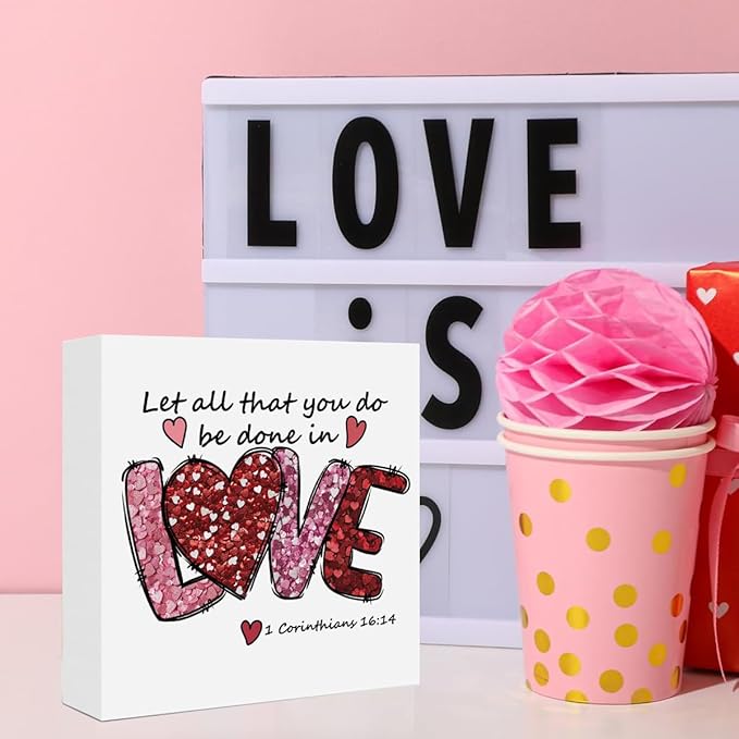 Valentines Day Decorations, Valentines Day Gifts for Her Him, Gift for Boyfriend Girlfriend, Pink Jesus Bible Verse Anniversary Christian Wooden Box Sign Husband Wife Home Office Bedroom Desk Decor