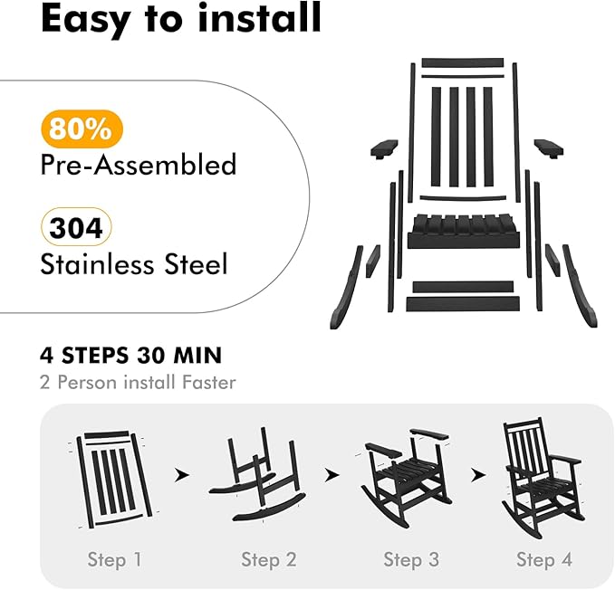 Oversized Outdoor Rocking Chair,All Weather Rocker Chair with More Comfortable Seat Panel for Porch Patio Outside(Black)