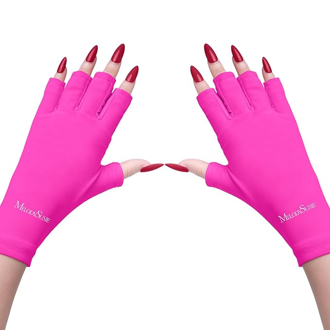 MelodySusie UV Gloves for Gel Nail Lamp, Professional Protection Gloves for Manicures, Nail Art Skin Care Fingerless Glove Protect Hands (Neon Pink)