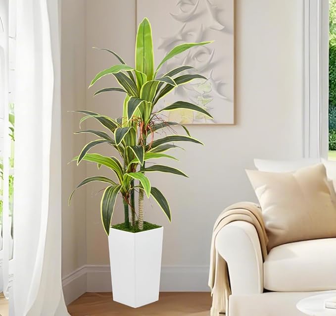 Aritificial Dracaena Tree 5FT with Realistic Trunks and 33 Leaves in Tall White Pot Faux Tropical Yucca Floor Plant for Home Office Decor Indoor Housewarming