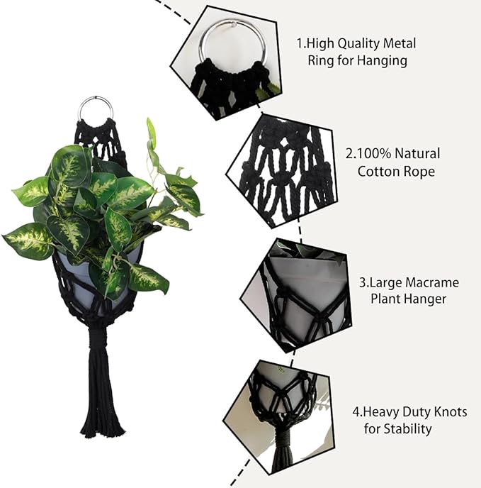 Artilady 2 Pack Black Macrame Plant Hanger Indoor - Large Hanging Planters for Wall Plants Holder Short Hademade Boho Farmhouse Rustic Home Decor (Black Plant Hanger)