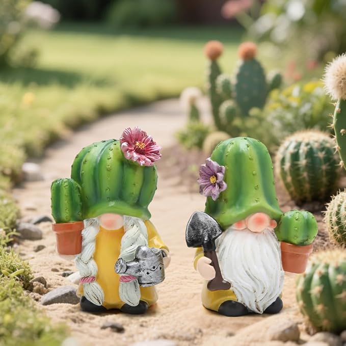 Hodao Cactus Gnome Figurines – Cute Hand-Painted Resin Gnome Statues for Spring and Summer Home and Garden Decor, Patio, Windowsill and Tiered Tray Accents(4.25 inch)