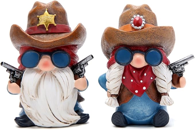 Hodao Cowboy and Cowgirl Gnome Figurines - Hand-Painted Western Resin Gnomes with Cowboy Hats, Sheriff Badge and Bandana - Rustic Farmhouse Decor and Gift for Tiered Tray, Mantel, Tabletop