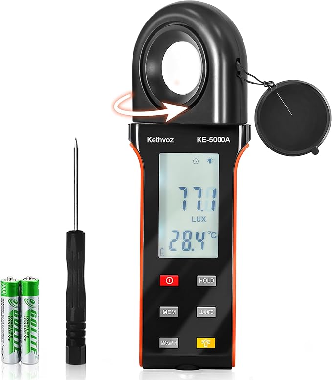 Kethvoz Digital Illuminance Light Meter, 400,000 Lux/FC Illuminance Tester with 270° Rotating Sensor, Data Logging, for Indoor Plants, Greenhouse, Grow Tent, Aquarium, Photography Lighting Measurement