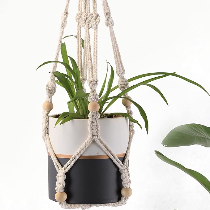 MKO SHUN 3-Pack Macrame Plant Hanger Indoor - Hanging Planter Basket for Indoor Outdoor - Decorative Boho Plant Holders Set with Beads - Ceiling Flower Pot Holder with 6 Hooks - 35"/30"/24" White