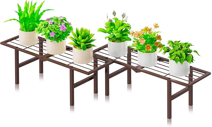 jsyonii 2 Pack Metal Plant Stand Outdoor Indoor, 1 Tier Folding Tiered Flower Plant Shelf, Heavy Duty Ladder Multiple Pot Display Plant Rack for Patio Garden Balcony Windowsills, Brown