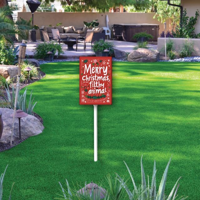 Uptell 8x12 Inch Merry Xmas Ya You Filthy Animal Garden Sign Winter House Yard Sign Porch Xmas Holiday Home Decorations Outdoor With Metal Stakes 12.8 Inch