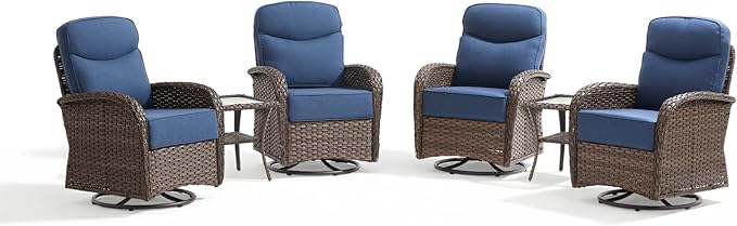 Outdoor Swivel Rocking Chair Patio Set (6PCS), High-Back - Thick Cushion Swivel Rocking Chair Patio Set, All-Weather Wicker Patio Furniture Set, Suitable for Balcony Patios, Brown/Blue