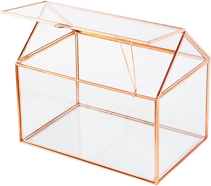 House Shape Close Glass Geometric Terrariumn Tabletop Succulent Plant Garden Geo Planter Moss Fern Swing Lid Reptile, Flower Pot for Plants Succulent, Air Plant (Rose Gold)
