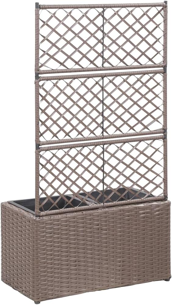 vidaXL Poly Rattan Brown Trellis Raised Bed - 2 Removable Pots with Large Flower Boxes - Built-in Support for Climbing Plants - Outdoor Patio Garden Decoration