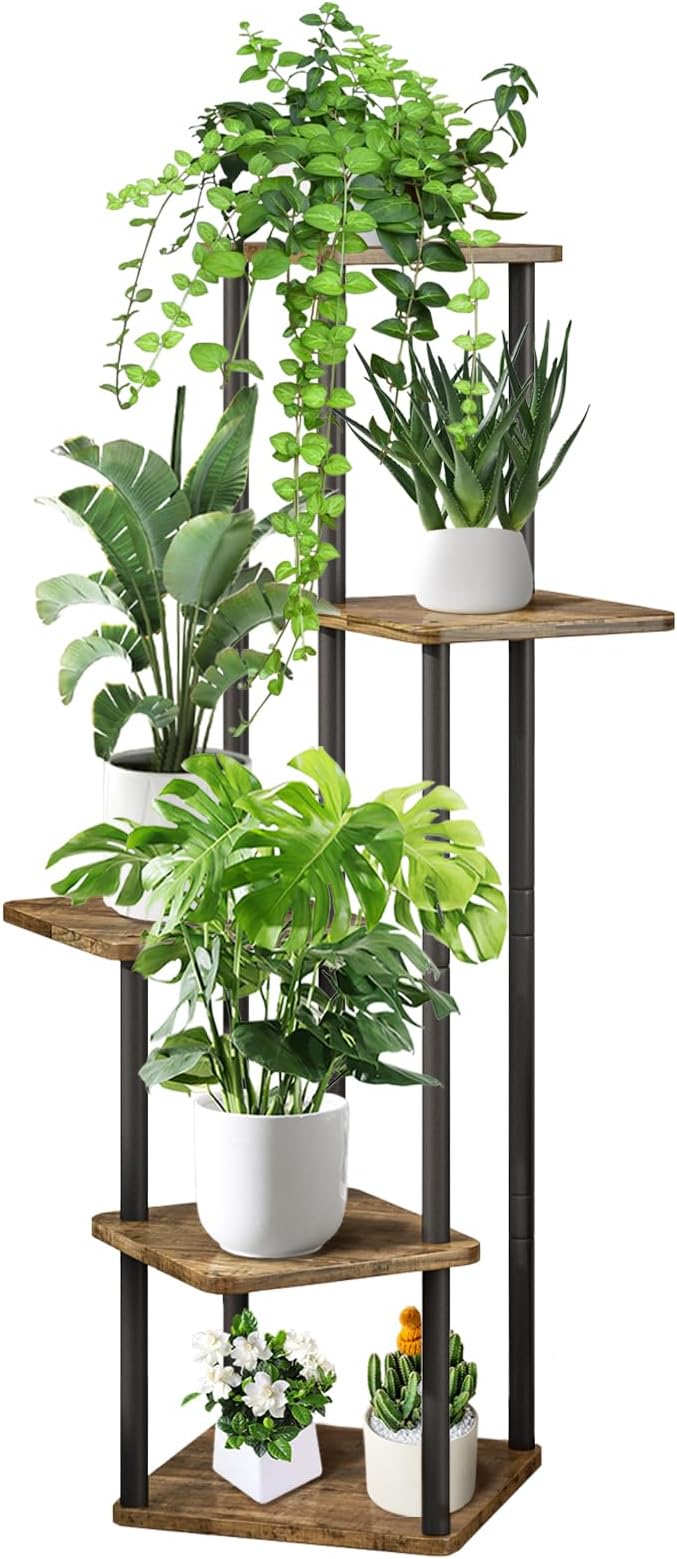 YOCOMEY 5 Tier Wood Tall Plant Stand Metal Rack Indoor, Multiple Flower Pot Holder Shelves Corner Rack, Planter Shelf Display Rack Storage Organizer for Patio Living Room Balcony Garden(Black)