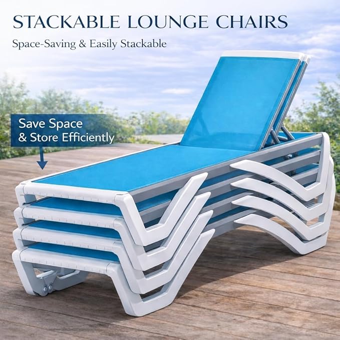 Kozyard Outdoor Chaise Lounge Chair, Full Flat Adjustable Patio Lounger with Aluminum Frame & Resin Legs, Textilene Fabric for Poolside, Backyard & Beach (Aqua/WhiteFrame, Chair)
