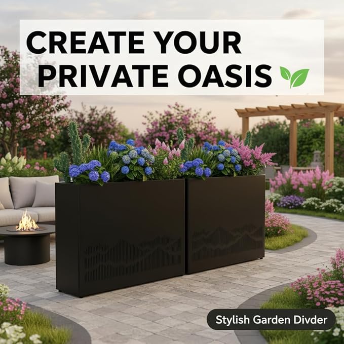 Vrtizalv Metal Rectangular Planter Box, 36” x 12” x 26” Heavy Duty Tall Rounded Corner Spliced Hollowed-Out Design Planter for Porch, Garden, Patio, Yard Outdoor Plants