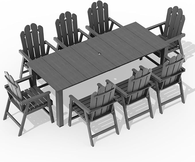 9-Piece Patio Dining Set, Outdoor Dining Set for 8, Large HDPE All-Weather Outdoor Furniture with 89.57” Umbrella Hole Table, 8 Armchairs, Gray