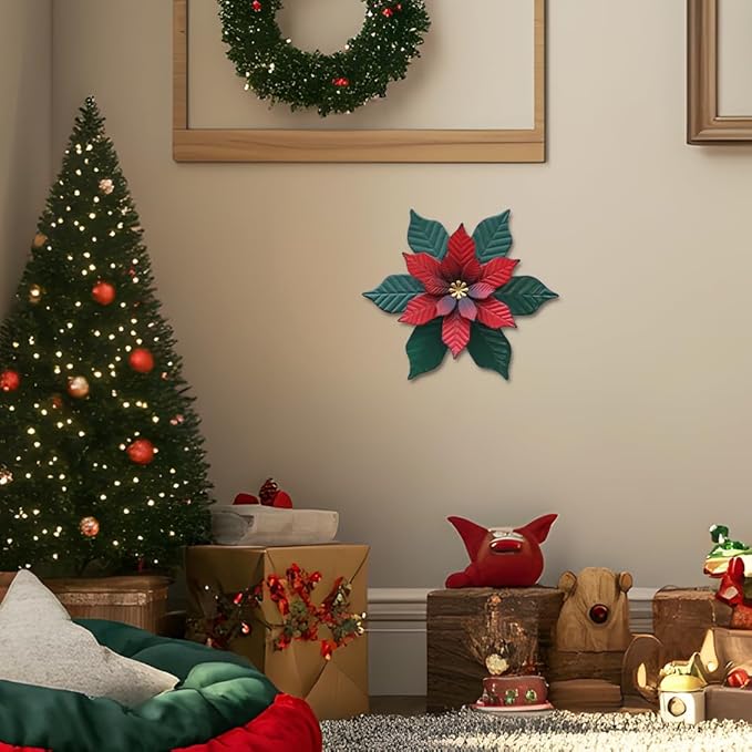YEAHOME Chrismas Wall Decorations Indoor - 11 inch Metal Flower Wall Art Decor, Poinsettia Yard Garden Decor Hanging for Kitchen, Bathroom, Bedroom, Handmade Gift for Home, Indoor or Outdoor